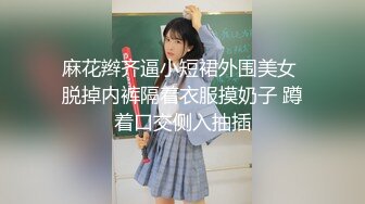 麻花辫齐逼小短裙外围美女 脱掉内裤隔着衣服摸奶子 蹲着口交侧入抽插